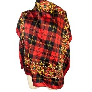 Vintage Made in Italy Gold Chain Plaid Silky Square Scarf 31” Old Money